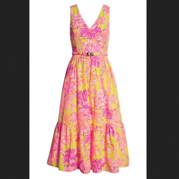 NWT Bri Cotton Midi Dress Calla Yellow Coral Floral Dress S - Picture 3 of 16